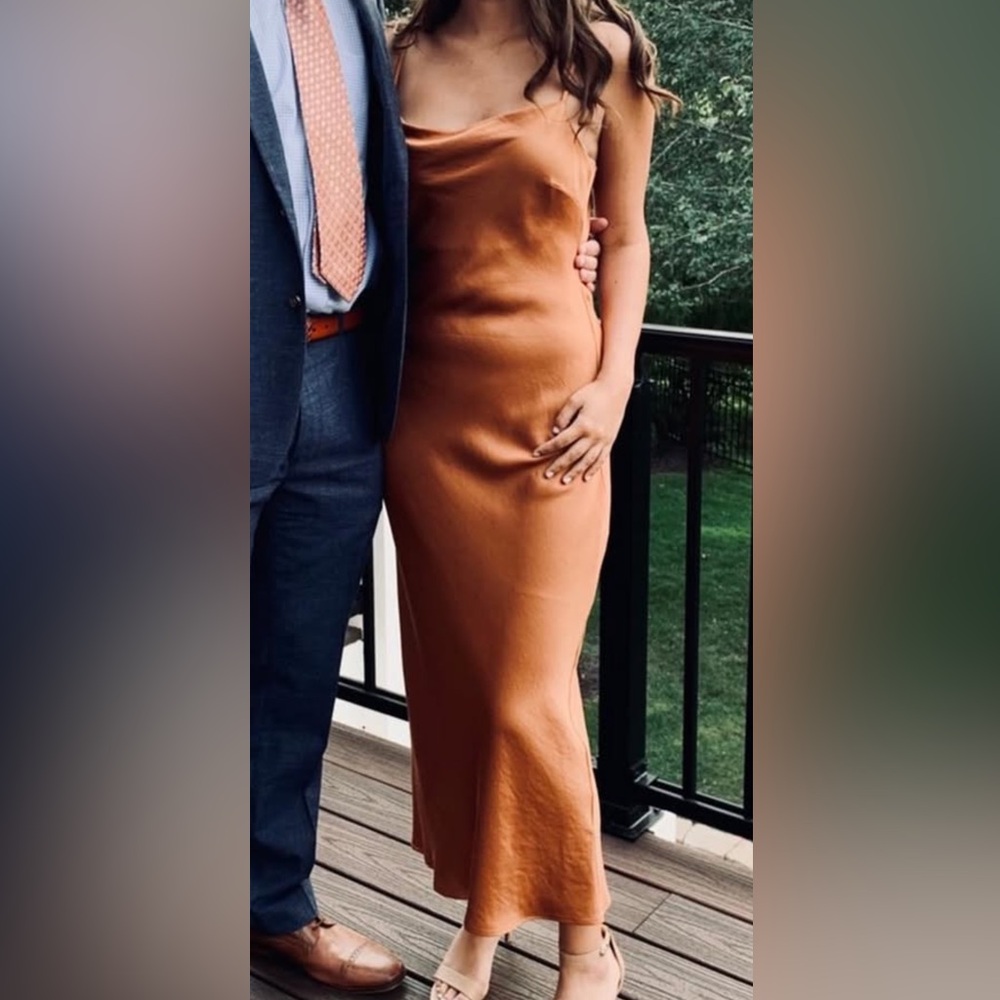 Cowl-Neck Satin Midi Dress in Rust